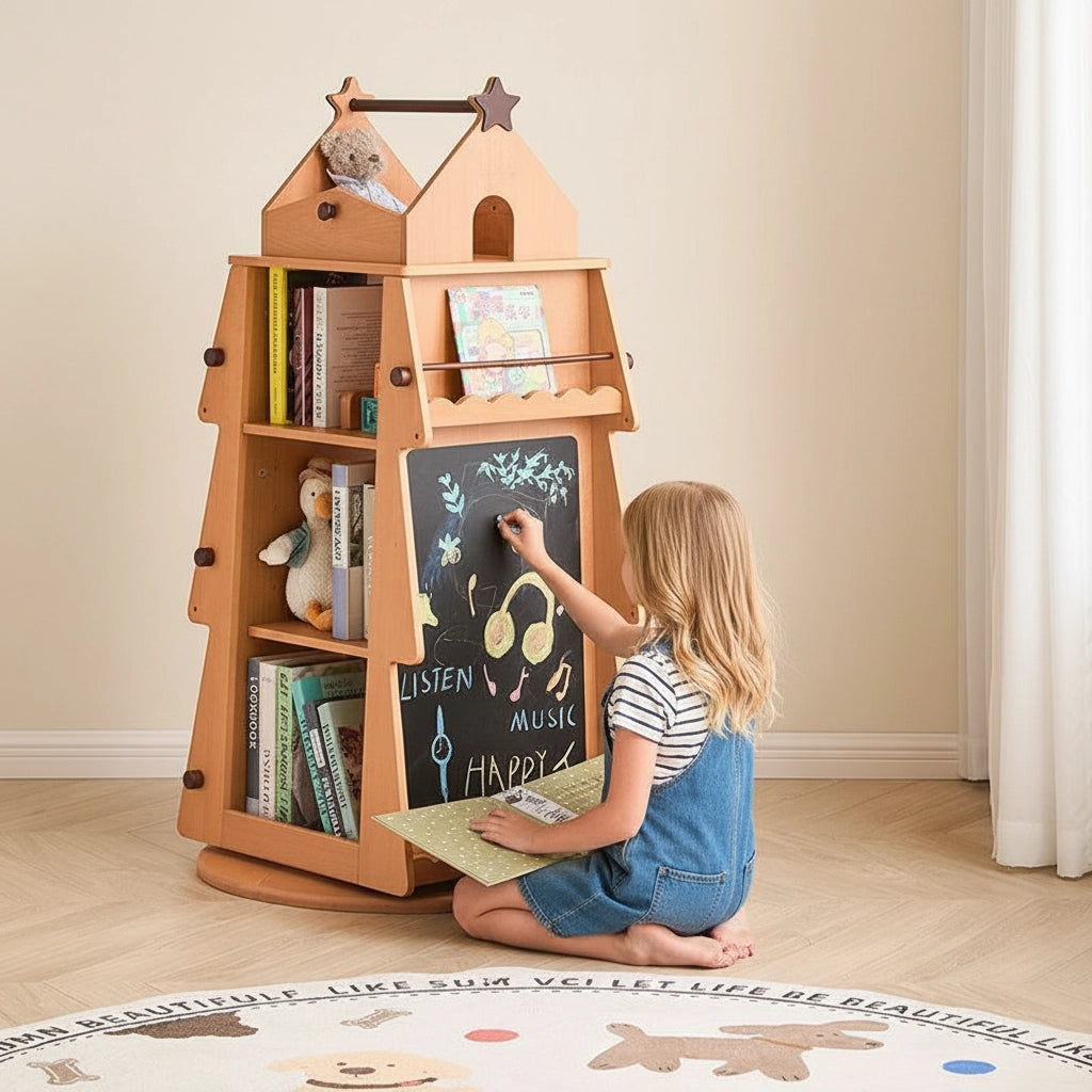A young girl sits on the floor drawing with chalk on the blackboard of the treehouse kids bookshelf