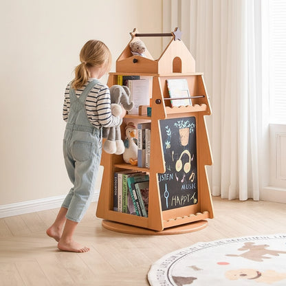 A young girl stands next to the rotating solid beech wood treehouse bookshelf holding a plush toy