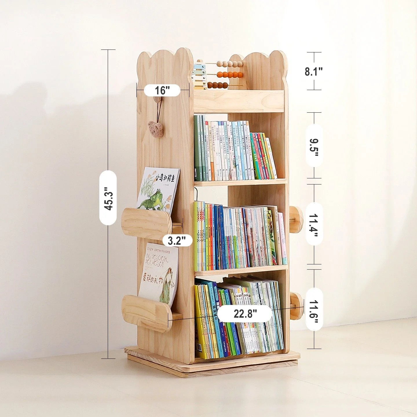 Kids Rotating Bookshelf, Solid Pine
