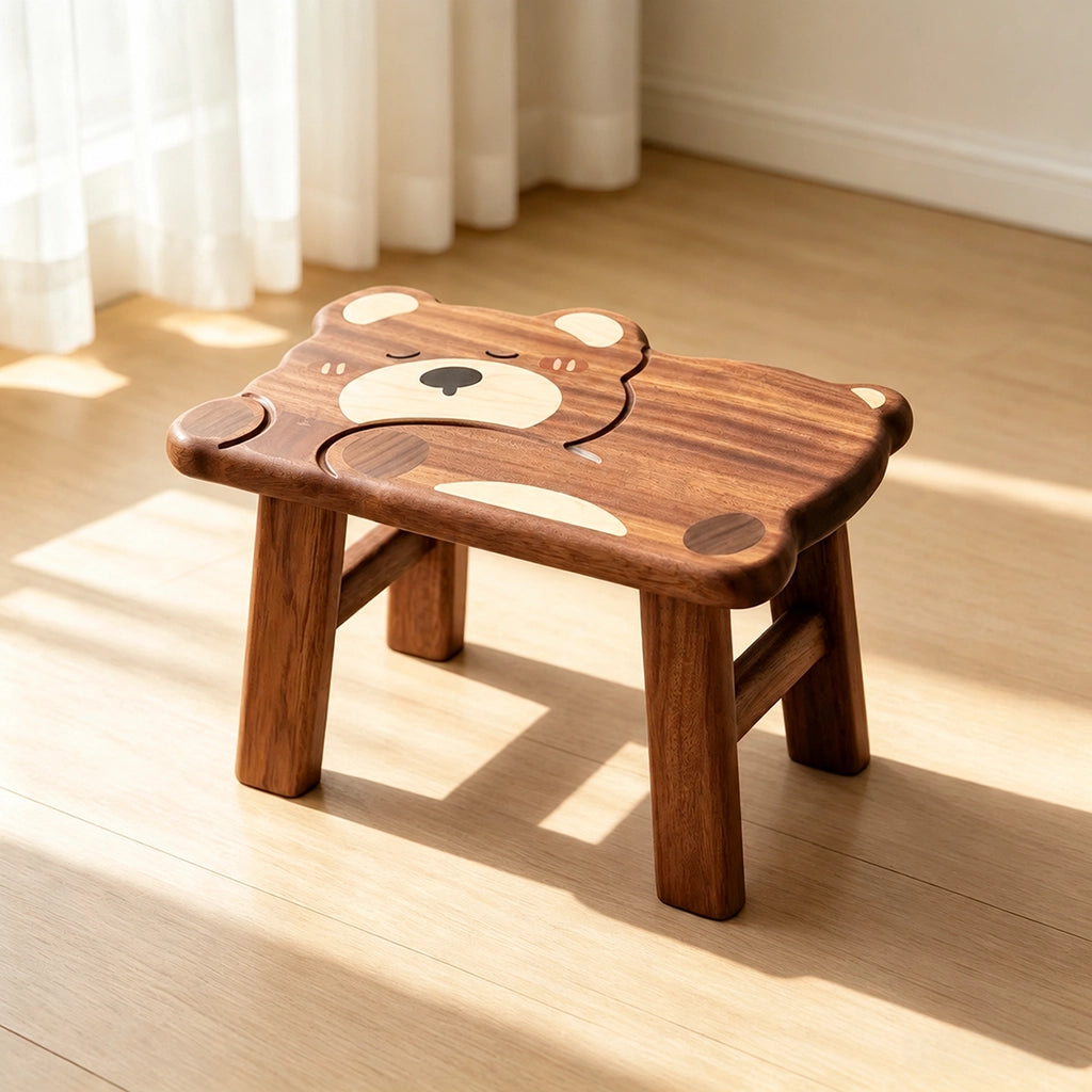 Angled view of a sleeping bear toddler stool in solid ebony wood on a light wooden floor