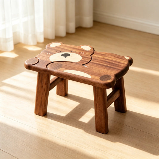 Angled view of a sleeping bear toddler stool in solid ebony wood on a light wooden floor