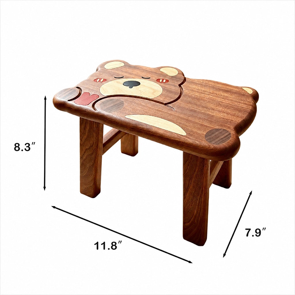 Sleeping bear toddler stool measuring 11.8 inches wide, 7.9 inches deep, and 8.3 inches high