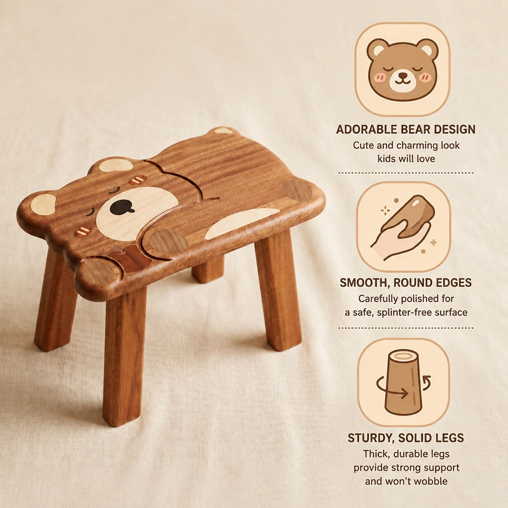 Feature diagram of the sleeping bear toddler stool showing bear design, smooth edges, and solid legs
