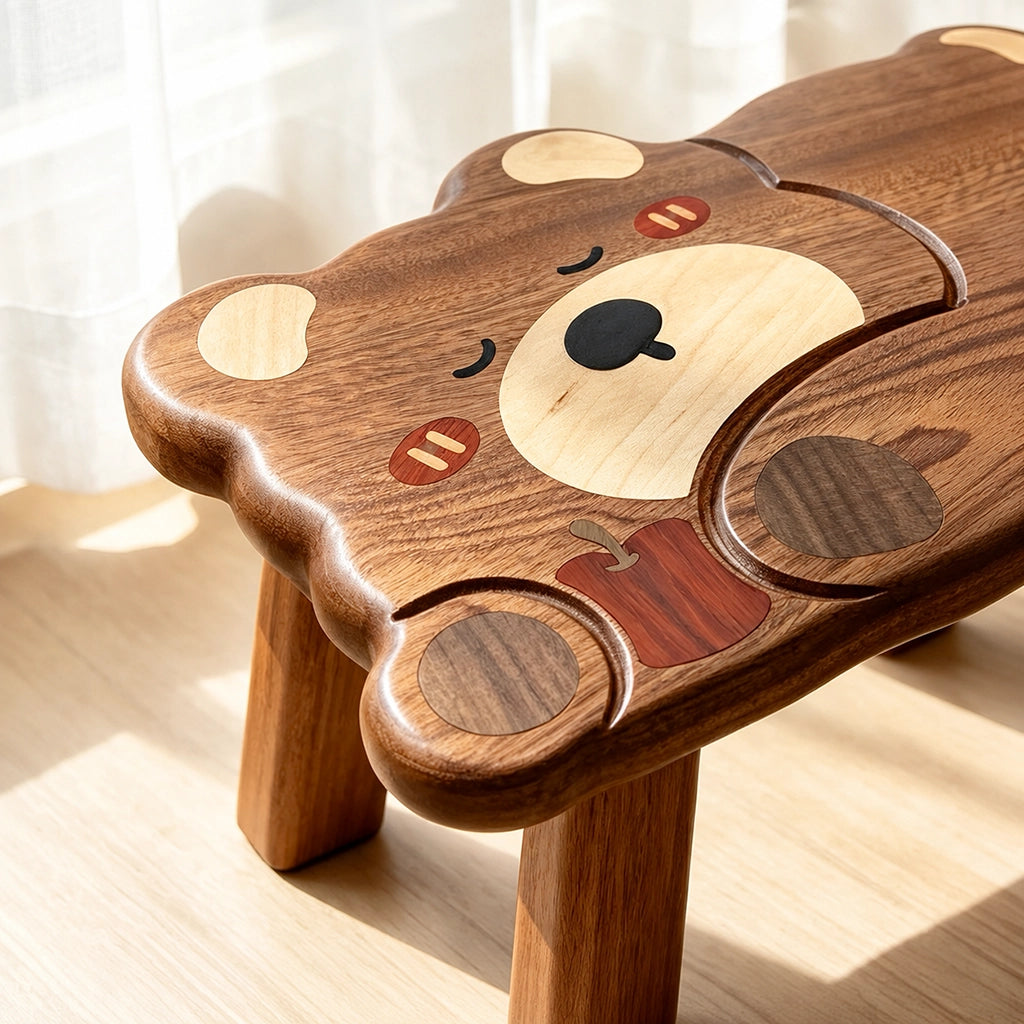 Close-up of the sleeping bear face inlay detail and natural wood grain on the toddler stool seat