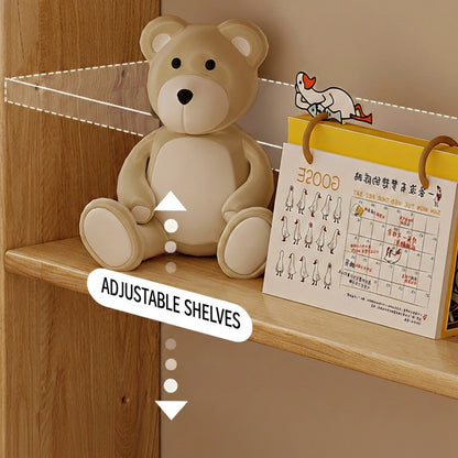 Close-up of the adjustable shelves feature on a solid pine console bookshelf with graphic arrows