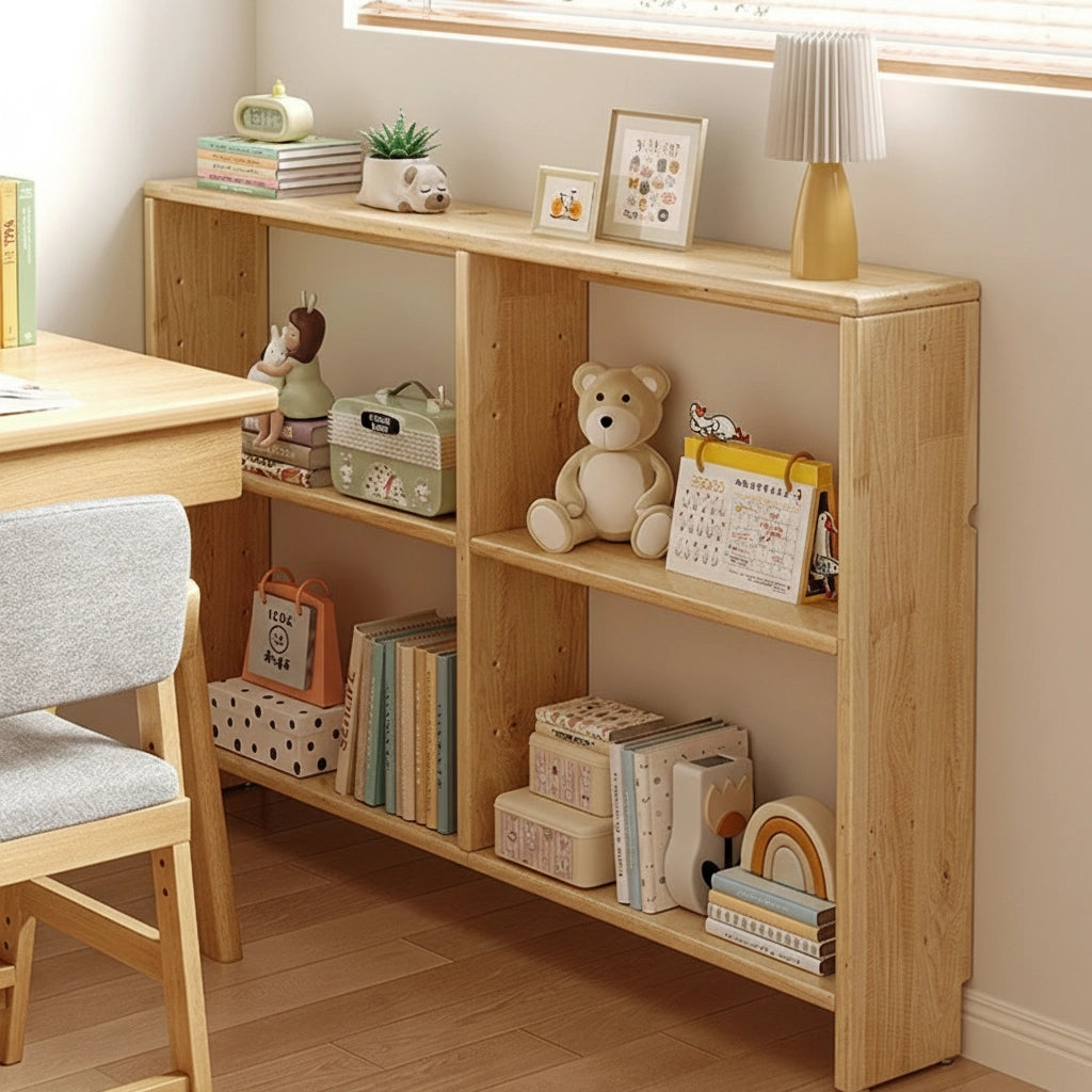 Left-angled view of a solid pine slim console bookshelf filled with books and a teddy bear beside a desk