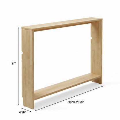 Open console bookshelf dimensions chart showing 27 inches high, 4 or 6 inches deep, and up to 59 inches wide
