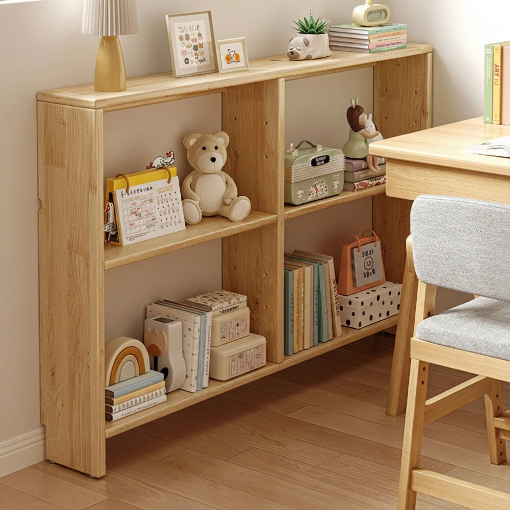 Right-angled view of a solid pine slim console bookshelf with compartments holding books and toys