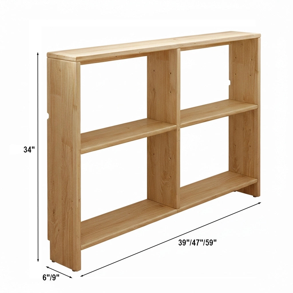 Console bookshelf dimensions diagram showing 34 inches high, 6 or 9 inches deep, and 39, 47, or 59 inches wide