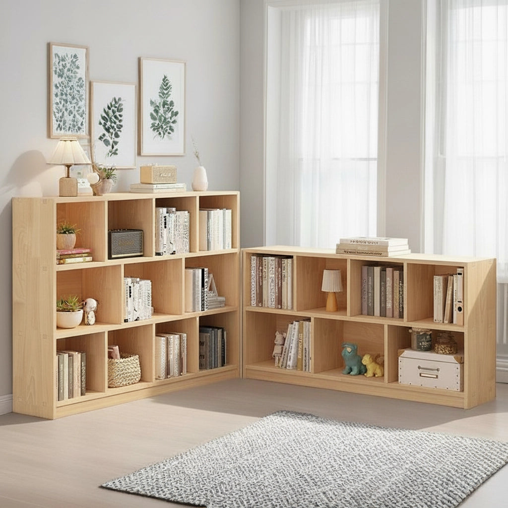 Two solid pine staggered cubby bookshelves arranged in an L-shape corner layout in a room