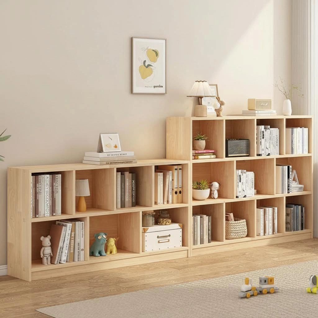 Two solid pine staggered cubby bookshelves of different heights placed side by side along a wall