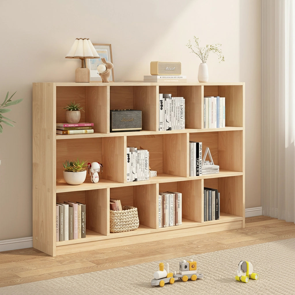 Angled view of a three-tier solid pine staggered cubby bookshelf filled with books and toys
