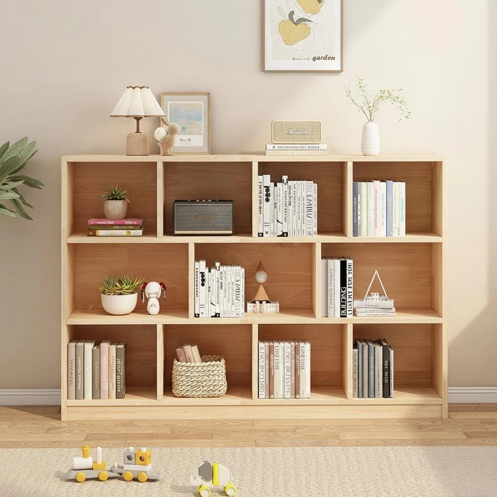 Front view of a three-tier solid pine staggered cubby bookshelf holding books and decorative items