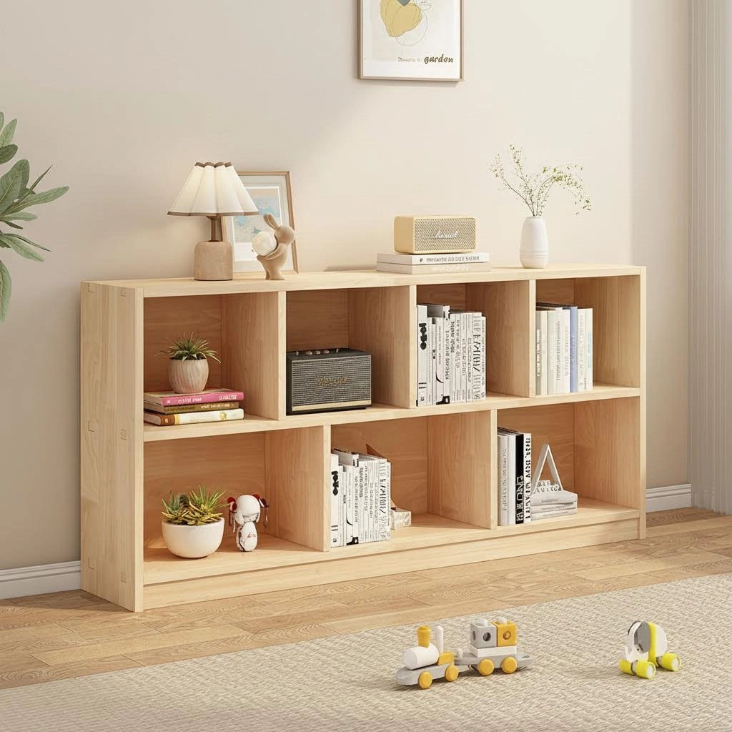 Angled view of a low two-tier solid pine staggered cubby bookshelf displaying books and a lamp