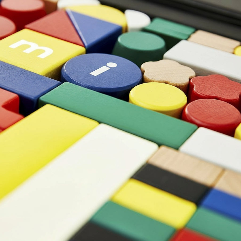 Extreme close-up of colorful building blocks showing letter details and smooth natural wood textures