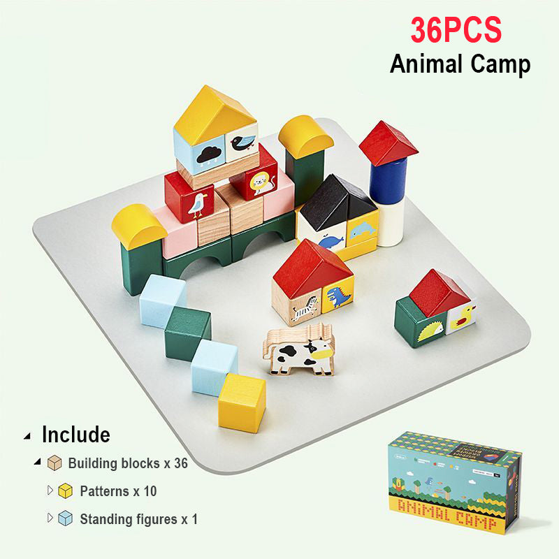 A 36-piece animal camp layout with animal graphic blocks from the solid beech wood toddler building blocks set