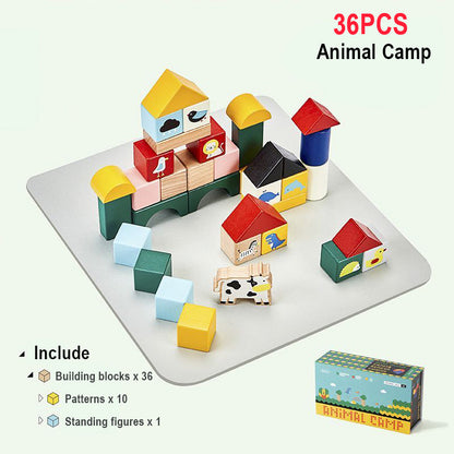 A 36-piece animal camp layout with animal graphic blocks from the solid beech wood toddler building blocks set