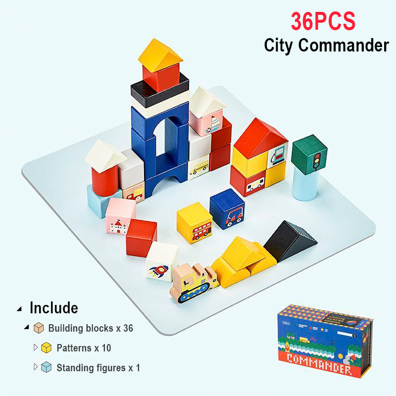 Three-quarter view of a 36-piece city commander structure from the solid beech wood toddler building blocks set