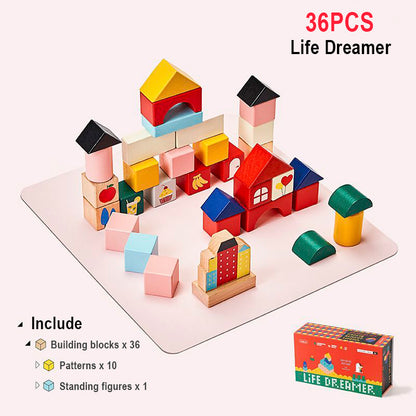 A 36-piece life dreamer building layout made from the solid beech wood toddler building blocks set