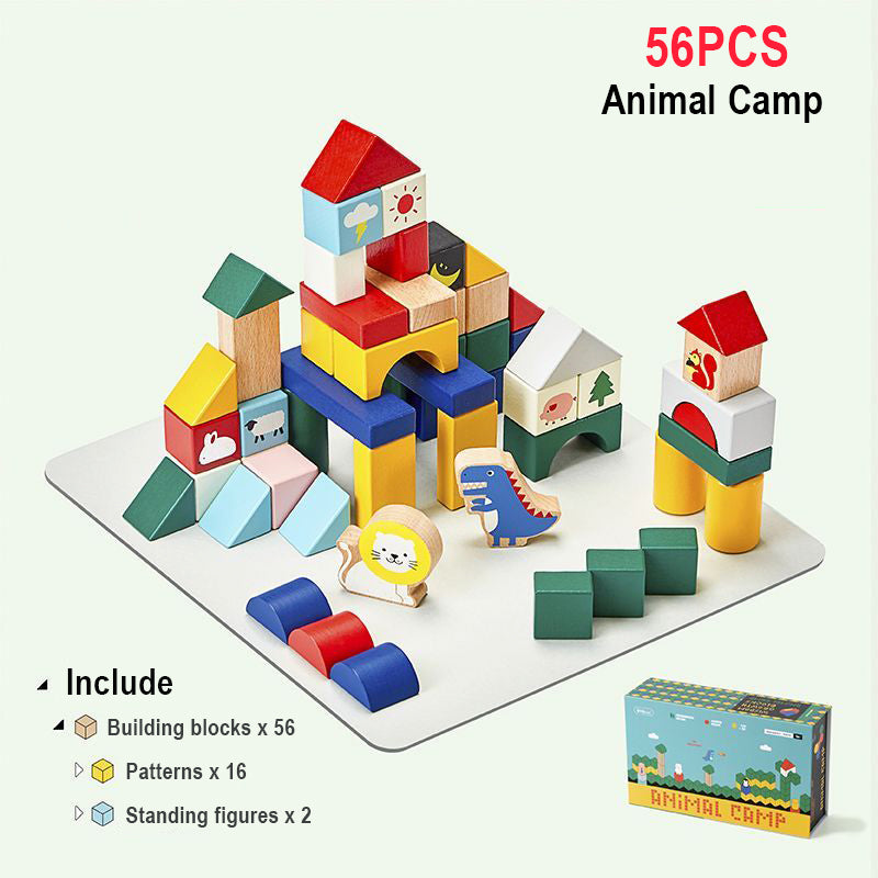 A 56-piece animal camp structure with multiple animal illustrations from the toddler building blocks set