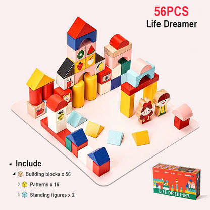 A 56-piece life dreamer layout with two small toy figurines from the solid beech wood toddler building blocks set