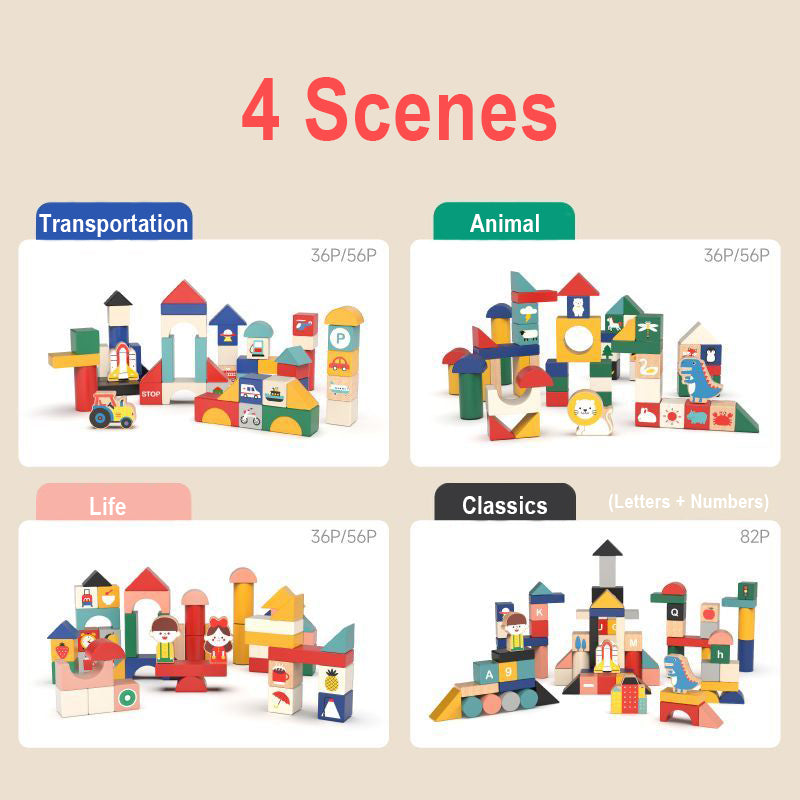 Infographic showing four different play scenes built using the solid beech wood toddler building blocks set
