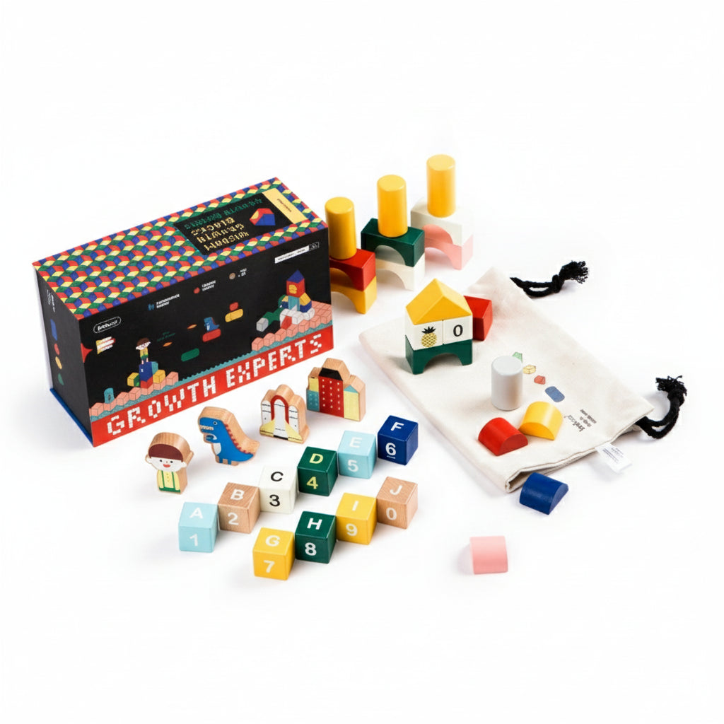 Solid beech wood toddler building blocks set displayed with its colorful packaging box and canvas storage bag