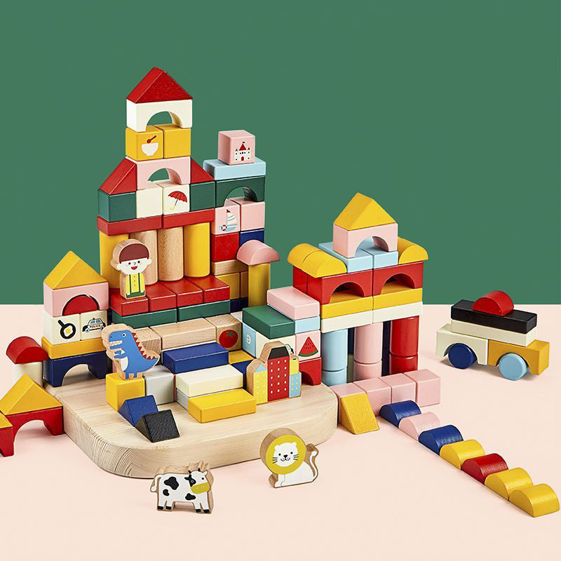 Detailed town layout built from the solid beech wood toddler building blocks set on a wooden base plate