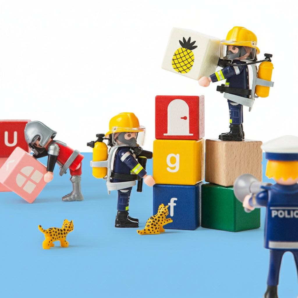 Close-up of small toy figures interacting with alphabet and graphic blocks from the toddler building blocks set