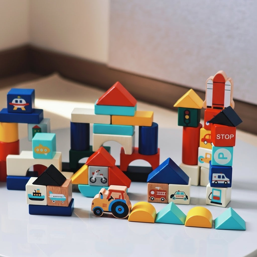 City and transportation layout constructed from the colorful solid beech wood toddler building blocks set