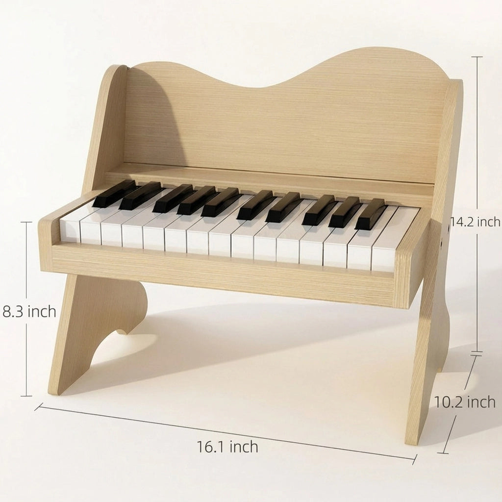 Plywood toddler electronic piano measuring 16.1 inches wide, 10.2 inches deep, and 14.2 inches high