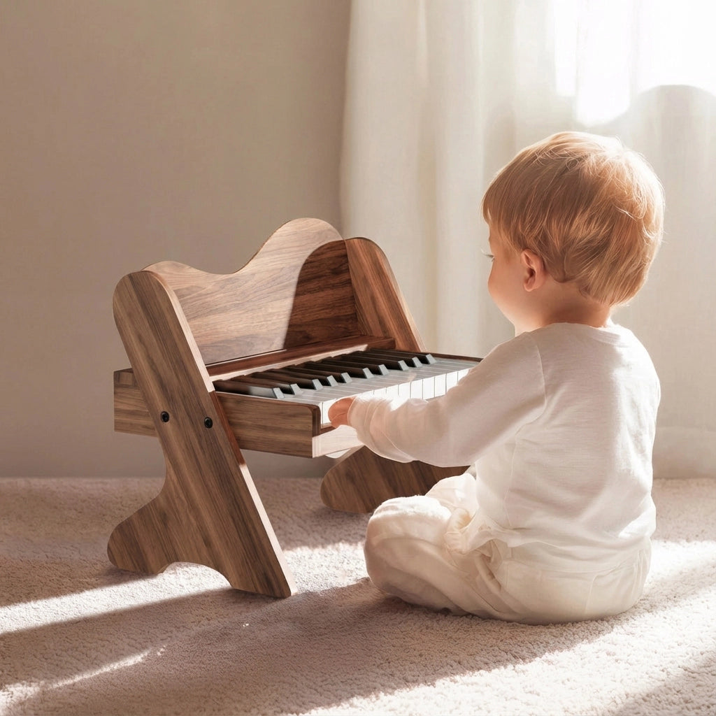 Side view of a toddler sitting on the floor and playing a walnut-finish plywood electronic piano
