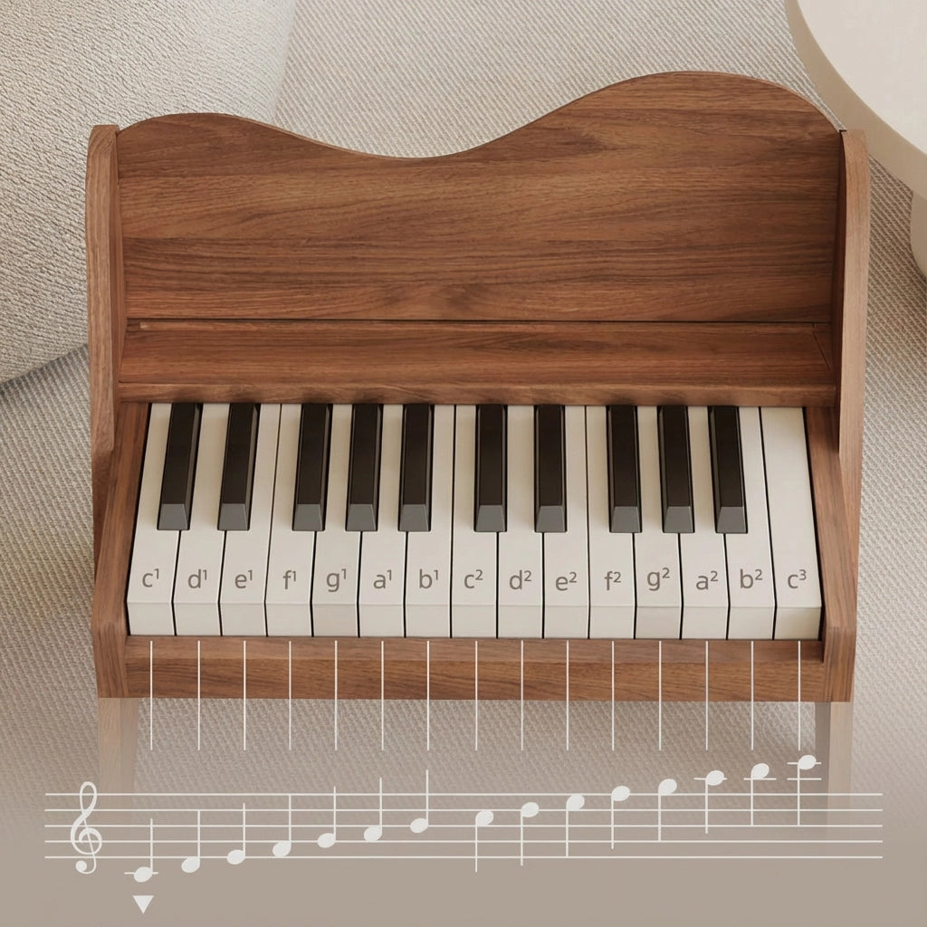 Close-up of plywood toddler piano keys with musical note labels and a staff notation diagram