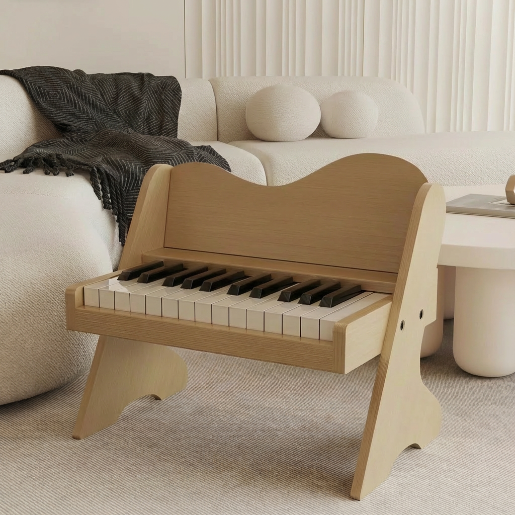 Angled view of a light-colored natural wood finish plywood toddler electronic piano on a rug