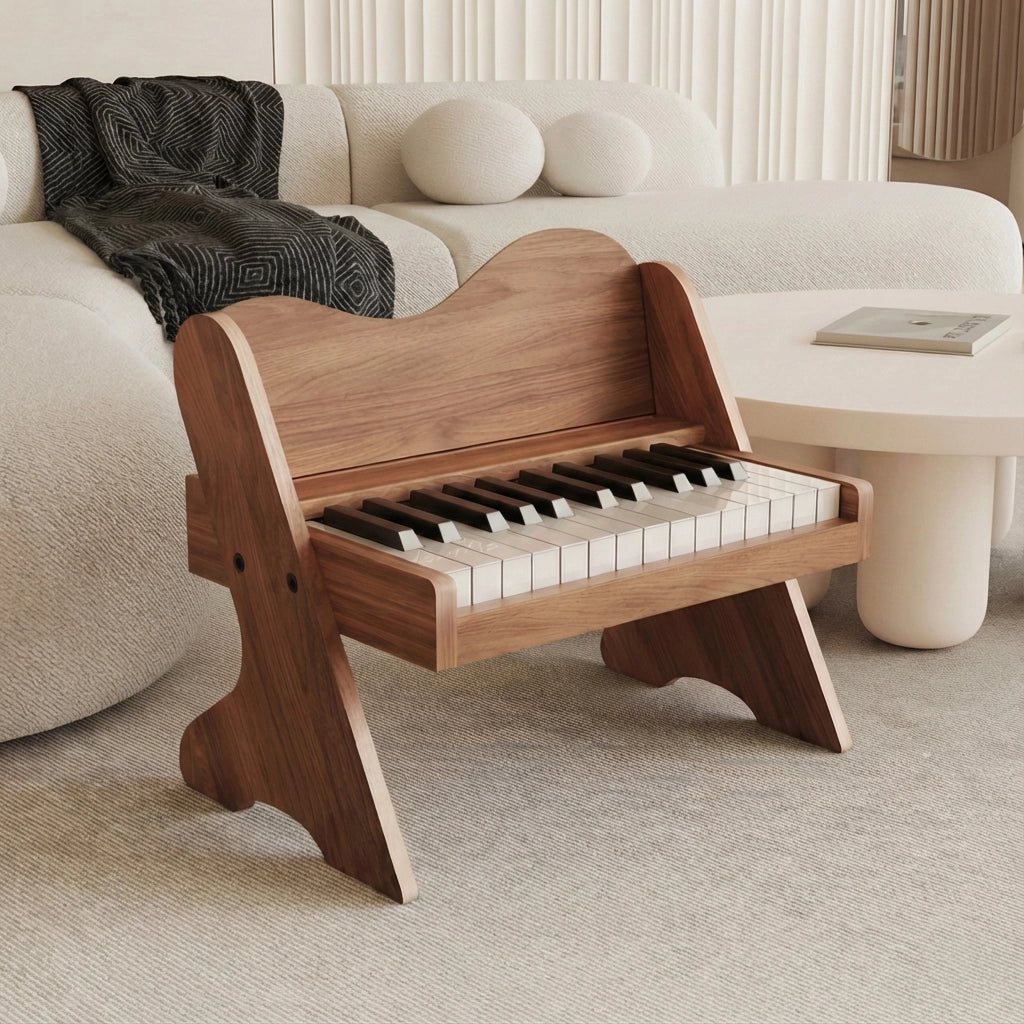 Three-quarter view of a plywood toddler electronic piano with a dark walnut finish on a rug