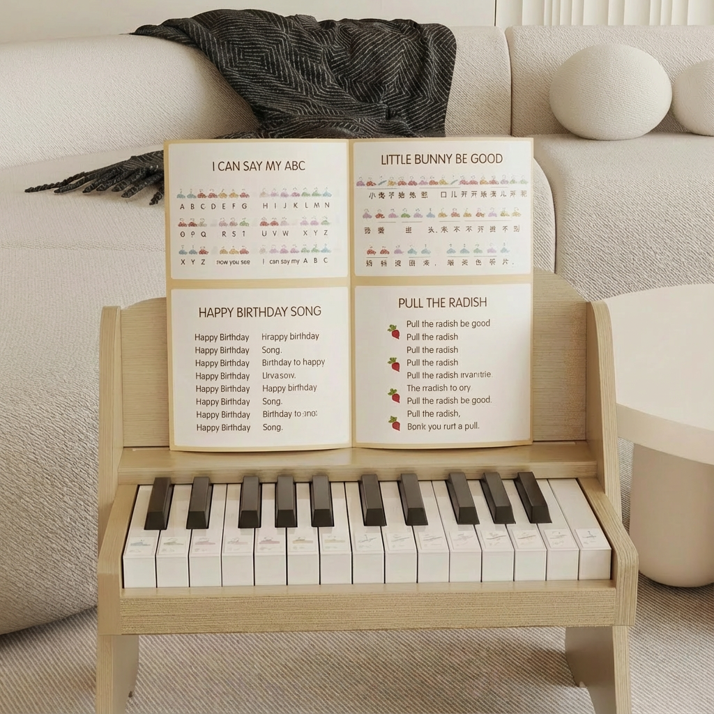 Front view of a light wood plywood toddler electronic piano holding an open song booklet