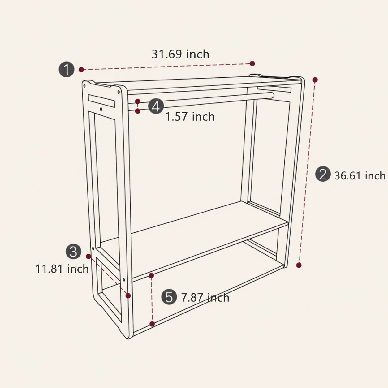 Dimension diagram of the toddler wardrobe measuring 31.69 inches wide, 11.81 inches deep, and 36.61 inches high