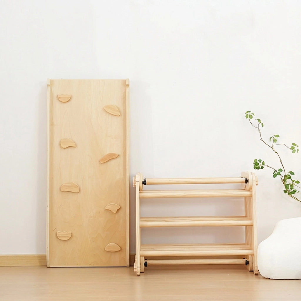 Folded pine and plywood climbing set components stacked vertically against a wall for compact storage