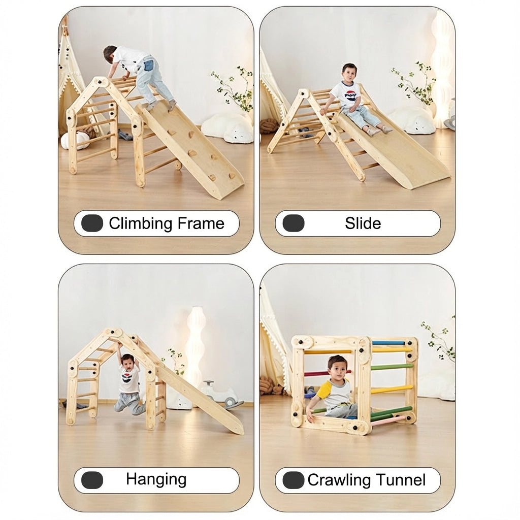 Infographic displaying four configurations of the climbing set including slide, hanging, and crawling tunnel