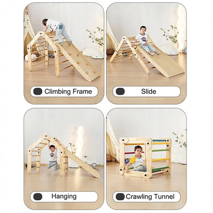 Infographic displaying four configurations of the climbing set including slide, hanging, and crawling tunnel