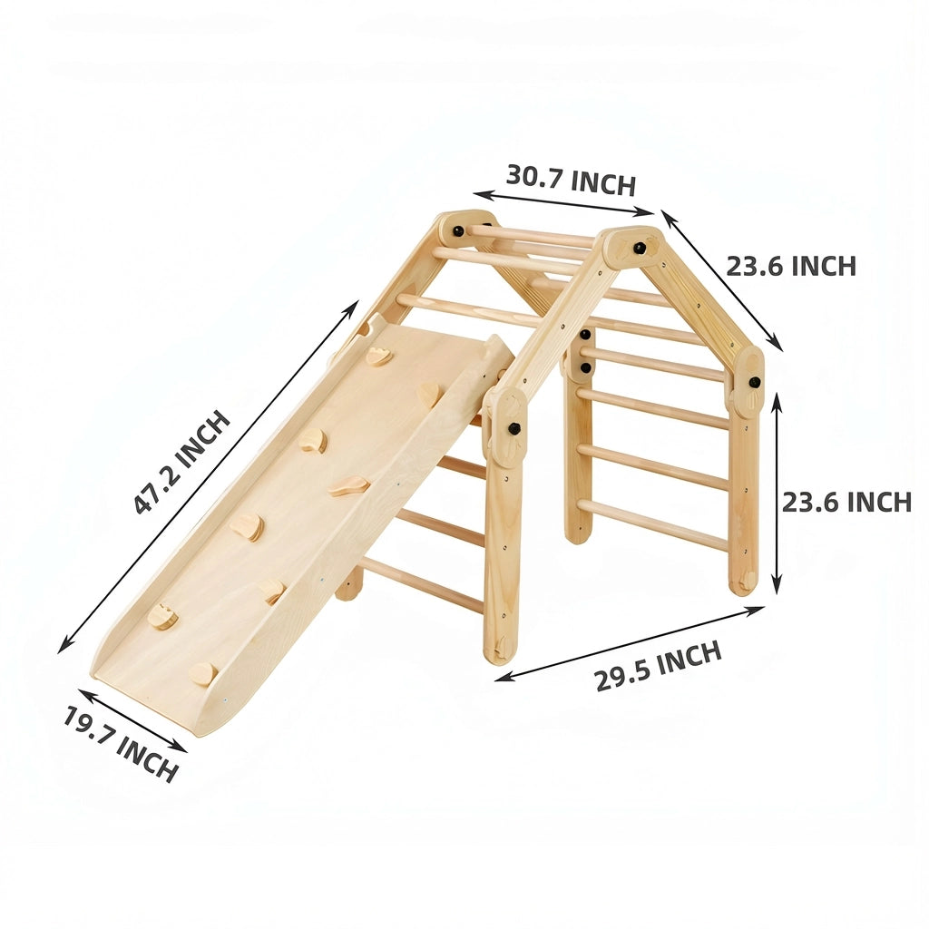 Dimension diagram of the transformable climbing set showing measurements in inches for the frame and ramp