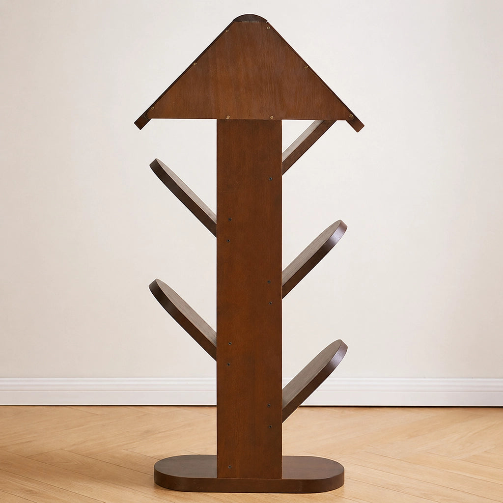 Rear view of the empty solid rubber wood tree shape floor bookshelf showing its back structure