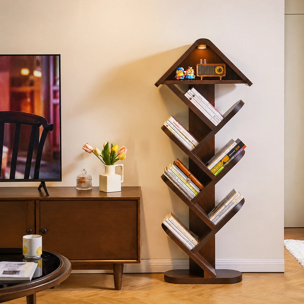 Taller tree shape floor bookshelf filled with books next to a dark wood TV console table
