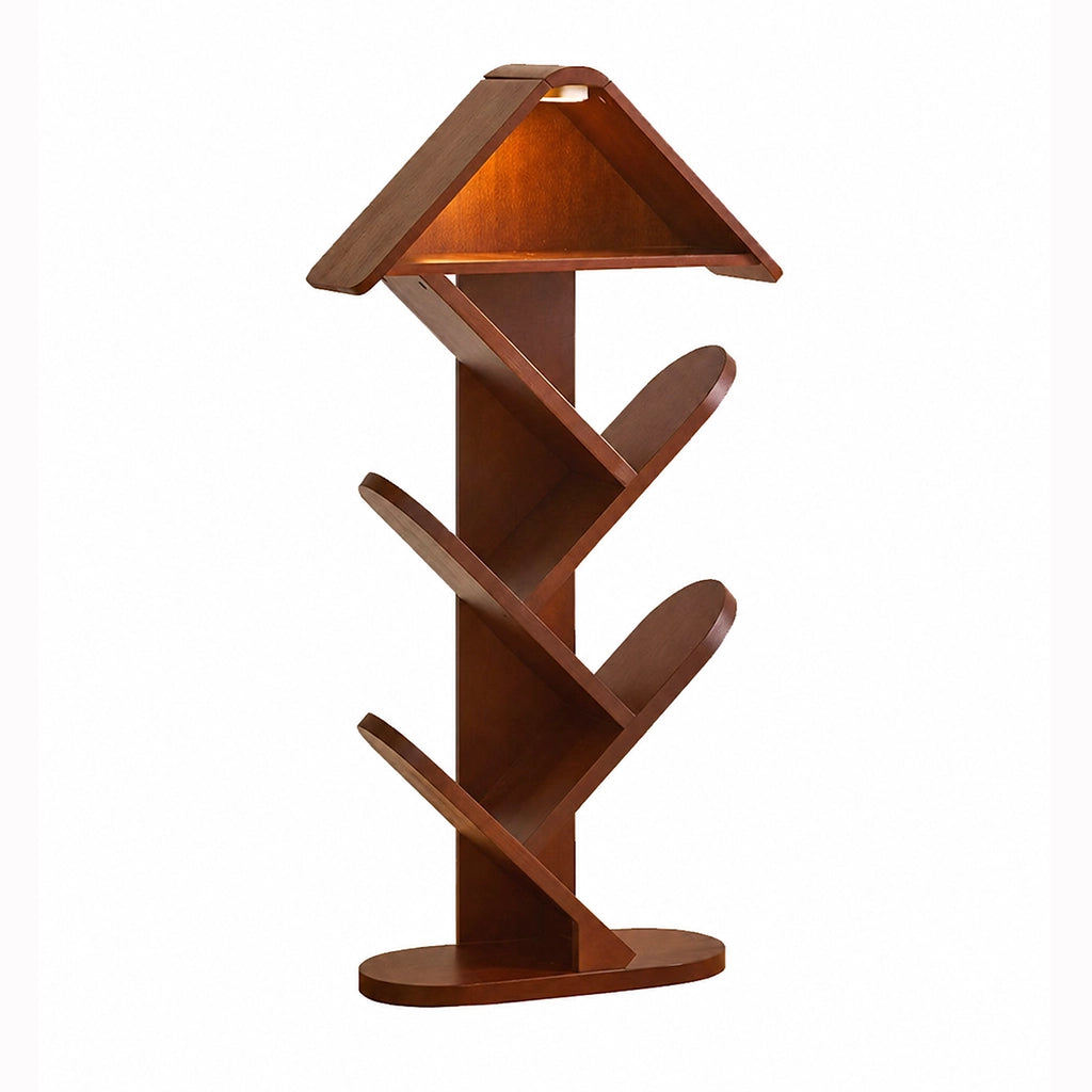 Empty tree shape floor bookshelf with a built-in top light on a white background