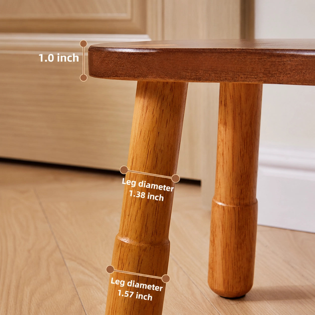 Close-up diagram of the stool legs showing thickness measurements of 1.0 inch, 1.38 inches, and 1.57 inches