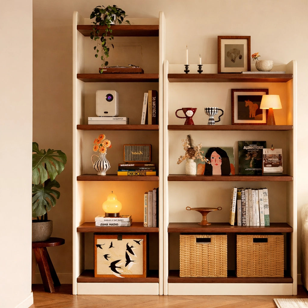 Close-up view of two-tone solid wood bookshelves decorated with books, a projector, and woven baskets
