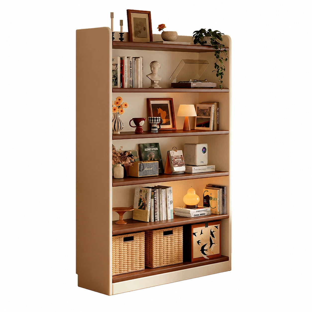 Studio shot of a single two-tone solid wood floor bookshelf filled with books and decorations on a white background