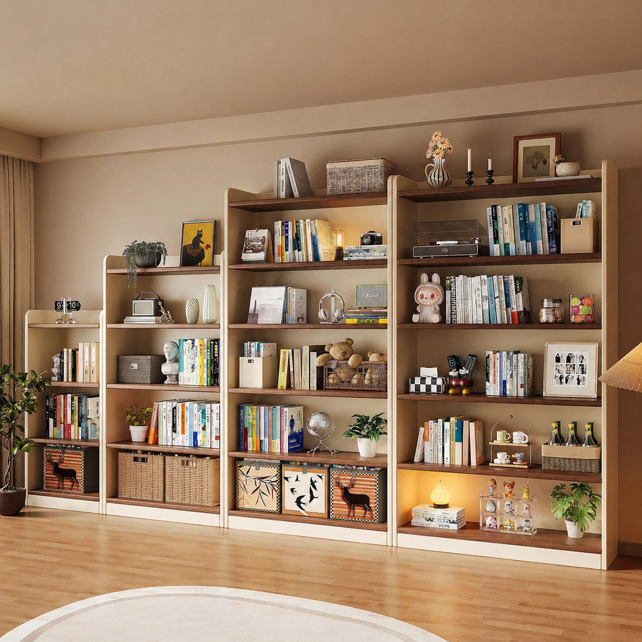 Four two-tone floor bookshelves of different heights arranged in a staggered row against a wall