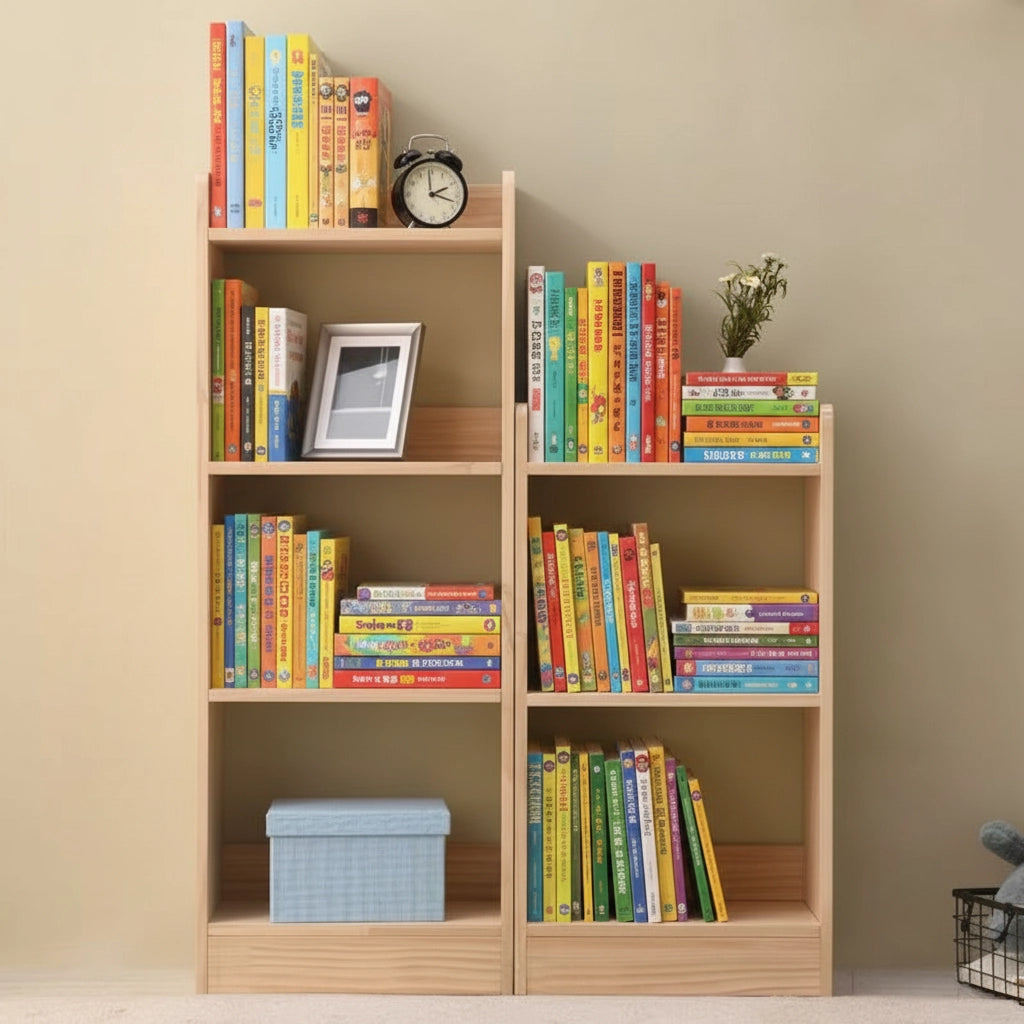 Front view of two solid pine vertical bookcases packed with colorful illustrated books in a playroom