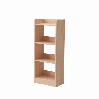 Empty solid pine vertical kids bookcase with three open storage shelves on a plain white background